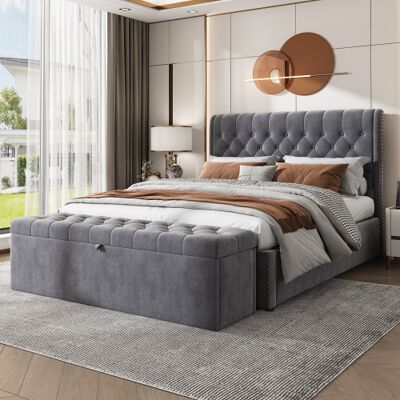 ACKERMAN Lit Capitonné 140 X 200 Cm, Avec Levier Hydraulique, Lit Fonctionnel Avec Sommier À Lattes Et Rangement, Avec Banquette Capitonnée, Banquette Avec Rangement, Velours, Gris - Publicité ACKERMAN Lit Capitonné 140 X 200 Cm, Avec Levier Hydraulique, Lit Fonctionnel Avec Sommier À Lattes Et Rangement, Avec Banquette Capitonnée, Banquette Avec Rangement, Velours, Gris - Publicité