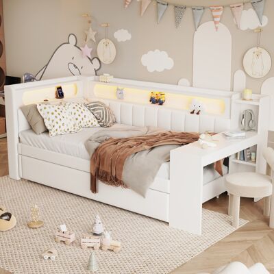 LEMONBEST Lit Gigogne Banquette 90x200 Cm Avec Bureau Led Usb Type-c - Structure Mdf Et Revêtement Effet Lin - Blanc - Publicité LEMONBEST Lit Gigogne Banquette 90x200 Cm Avec Bureau Led Usb Type-c - Structure Mdf Et Revêtement Effet Lin - Blanc - Publicité