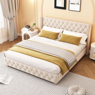 OEM Lit Capitonné 180 X 200 Cm Avec Sommier À Lattes Et Tête De Lit, Capitonnage À Boutons Et Clous Décoratifs, Pieds En Bois, Velours, Beige Clair - Publicité OEM Lit Capitonné 180 X 200 Cm Avec Sommier À Lattes Et Tête De Lit, Capitonnage À Boutons Et Clous Décoratifs, Pieds En Bois, Velours, Beige Clair - Publicité
