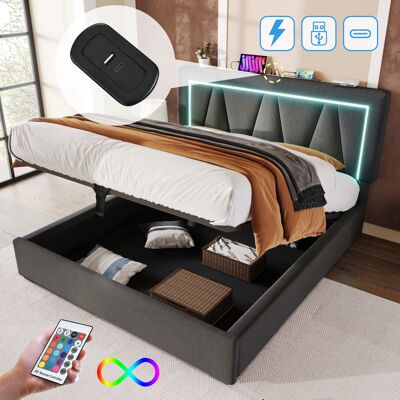 ACKERMAN Lit Double Rembourré Avec Éclairage Led, Fonction De Chargement Usb Type C Et Éclairage Led, Lit Coffre, Cadre De Lit En Lin, Lit Enfant 160x200 Avec Sommier À Lattes (sans Matelas) - Publicité ACKERMAN Lit Double Rembourré Avec Éclairage Led, Fonction De Chargement Usb Type C Et Éclairage Led, Lit Coffre, Cadre De Lit En Lin, Lit Enfant 160x200 Avec Sommier À Lattes (sans Matelas) - Publicité