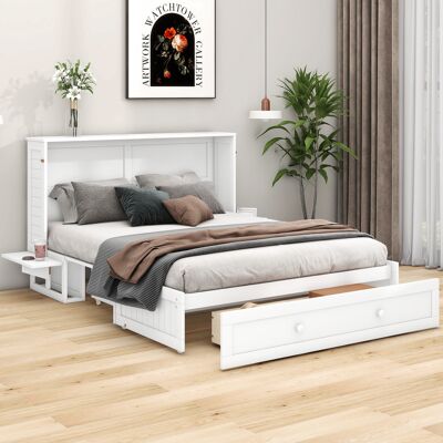 ACKERMAN Lit Escamotable Mobile 140 X 200 Cm Avec Tiroirs Au Pied Du Lit Et Petite Étagère Latérale, Lit Plateforme Convertible, Blanc - Publicité ACKERMAN Lit Escamotable Mobile 140 X 200 Cm Avec Tiroirs Au Pied Du Lit Et Petite Étagère Latérale, Lit Plateforme Convertible, Blanc - Publicité