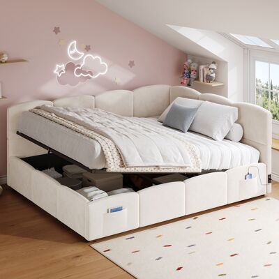 LEMONBEST Lit De Jour 140x190 Cm En Velours Beige Avec Rangement, Usb, Sommier À Lattes, Lit Ado/adulte, Sans Matelas - Publicité LEMONBEST Lit De Jour 140x190 Cm En Velours Beige Avec Rangement, Usb, Sommier À Lattes, Lit Ado/adulte, Sans Matelas - Publicité