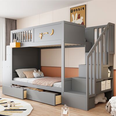 ACKERMAN Lit Superposé Pour Enfants Avec Tiroirs De Rangement, Échelle De Sécurité, Bureau Et Motif Étoilé – Cadre En Bois De Pin Massif 90 X 200 Cm, Gris - Publicité ACKERMAN Lit Superposé Pour Enfants Avec Tiroirs De Rangement, Échelle De Sécurité, Bureau Et Motif Étoilé – Cadre En Bois De Pin Massif 90 X 200 Cm, Gris - Publicité