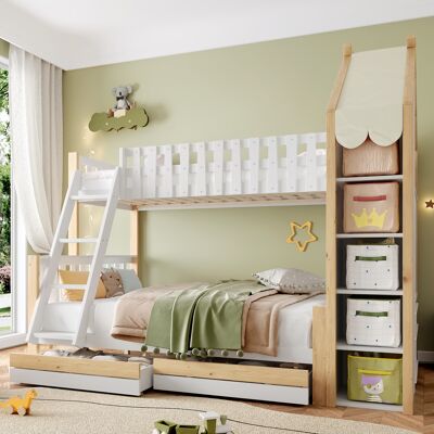 ACKERMAN Lit Superposé, 90x200cm + 140x200cm, Grille De Lit, Moulure De Maison, Escalier, 2 Tiroirs, Barrière Irrégulière, Sans Matelas, Blanc + Nature - Publicité ACKERMAN Lit Superposé, 90x200cm + 140x200cm, Grille De Lit, Moulure De Maison, Escalier, 2 Tiroirs, Barrière Irrégulière, Sans Matelas, Blanc + Nature - Publicité
