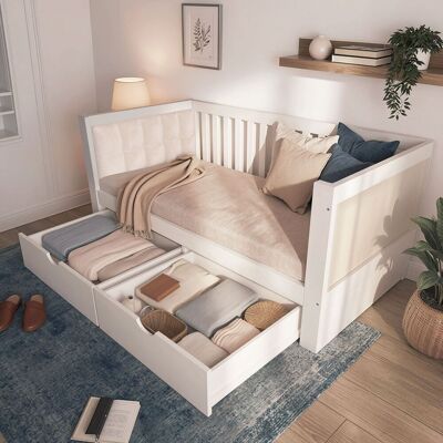ACKERMAN Canapé-lit Blanc 90 X 190 Cm Avec 2 Tiroirs, Structure En Bois, Méridienne Avec Accoudoirs Arrondis Et Dossier Confortable, Idéal Pour Les Petits Appartements Ou Studios, Montage Facile, Matelas Non I - Publicité ACKERMAN Canapé-lit Blanc 90 X 190 Cm Avec 2 Tiroirs, Structure En Bois, Méridienne Avec Accoudoirs Arrondis Et Dossier Confortable, Idéal Pour Les Petits Appartements Ou Studios, Montage Facile, Matelas Non I - Publicité