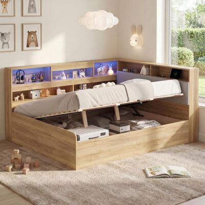 LEMONBEST Lit Banquette Coffre 140 X 200 Cm, Lit Enfant Avec Led, Usb/type-c, Rangements Tête Et Côté, Sommier À Lattes, Structure Mdf, Naturel - Publicité LEMONBEST Lit Banquette Coffre 140 X 200 Cm, Lit Enfant Avec Led, Usb/type-c, Rangements Tête Et Côté, Sommier À Lattes, Structure Mdf, Naturel - Publicité
