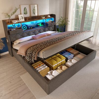 ACKERMAN Lit Rembourré 140x190 Cm Avec Rangement Hydraulique Et Tête De Lit Led, 4 Stations De Charge (usb/type-c), Lit Double Avec Sommier À Lattes, Tissu En Lin Gris (matelas Non Inclus) - Publicité ACKERMAN Lit Rembourré 140x190 Cm Avec Rangement Hydraulique Et Tête De Lit Led, 4 Stations De Charge (usb/type-c), Lit Double Avec Sommier À Lattes, Tissu En Lin Gris (matelas Non Inclus) - Publicité