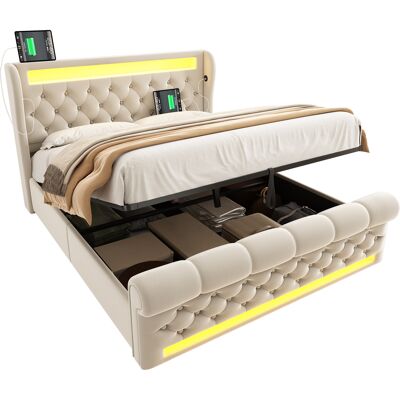 ALMASTORE Lit Capitonné Moderne Double 160x200 Cm, Avec Éclairage Led, Tête De Lit De Rangement Avec Ports Usb Et Type-c, Lit De Rangement Hydraulique, Beige, Velours (avec Matelas) - Publicité ALMASTORE Lit Capitonné Moderne Double 160x200 Cm, Avec Éclairage Led, Tête De Lit De Rangement Avec Ports Usb Et Type-c, Lit De Rangement Hydraulique, Beige, Velours (avec Matelas) - Publicité