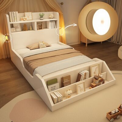 ACKERMAN Lit Simple En Bois 90x200 Cm, Lit Enfant/adolescent Avec Étagères, Veilleuses, Étagère Amovible, Sommier À Lattes, Finition Blanc Pur, Sans Matelas - Publicité ACKERMAN Lit Simple En Bois 90x200 Cm, Lit Enfant/adolescent Avec Étagères, Veilleuses, Étagère Amovible, Sommier À Lattes, Finition Blanc Pur, Sans Matelas - Publicité