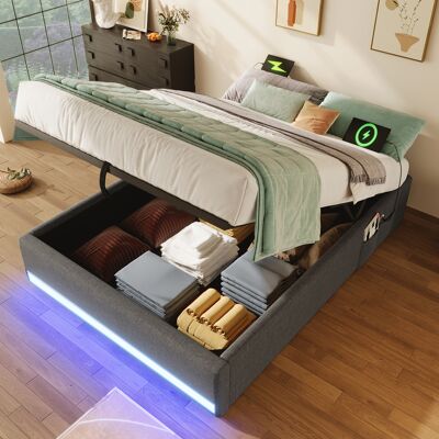 ACKERMAN Lit Capitonné 90200 Cm, Bandeau Led, Usb Et Type-c, Petites Poches De Rangement, Sans Tête De Lit, Fonction De Coffre Hydraulique, Sans Matelas, Gris - Publicité ACKERMAN Lit Capitonné 90200 Cm, Bandeau Led, Usb Et Type-c, Petites Poches De Rangement, Sans Tête De Lit, Fonction De Coffre Hydraulique, Sans Matelas, Gris - Publicité