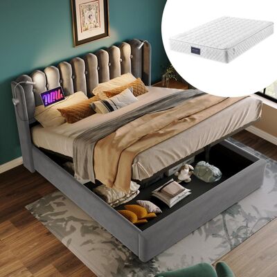 OEM Lit Double Capitonné Avec Liseuse, Fonction De Chargement, Tête De Lit, Espace De Rangement, Cadre De Lit, Velours, Lit Junior 160x200 Avec Sommier À Lattes, Gris (avec Matelas) - Publicité OEM Lit Double Capitonné Avec Liseuse, Fonction De Chargement, Tête De Lit, Espace De Rangement, Cadre De Lit, Velours, Lit Junior 160x200 Avec Sommier À Lattes, Gris (avec Matelas) - Publicité