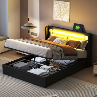 ACKERMAN Lit Capitonné 140x200 Avec Bandeau Led, Lecteur Bluetooth Et Charge Usb, Lit À Coffre En Pu, Lit Double Avec Sommier À Lattes, Noir - Publicité ACKERMAN Lit Capitonné 140x200 Avec Bandeau Led, Lecteur Bluetooth Et Charge Usb, Lit À Coffre En Pu, Lit Double Avec Sommier À Lattes, Noir - Publicité