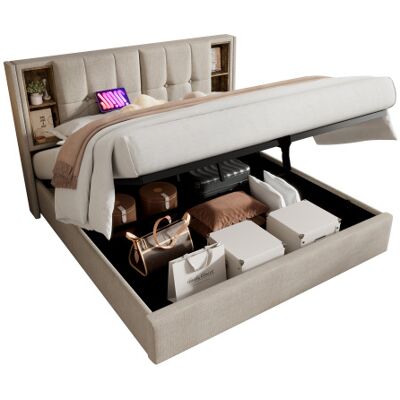 Generic Lit Double Avec Chargement Sans Fil Usb C,cadre De Lit Rembourré 160x200cm,cadre De Lit Avec Rangements,sommier À Lattes En Bois Et Lin Naturel - Publicité Generic Lit Double Avec Chargement Sans Fil Usb C,cadre De Lit Rembourré 160x200cm,cadre De Lit Avec Rangements,sommier À Lattes En Bois Et Lin Naturel - Publicité