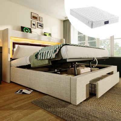 ACKERMAN Lit Capitonné 160x200 Cm Avec Rangement Hydraulique Et Tête De Lit Avec Compartiment De Rangement, Éclairage Led Et Ports Usb Et Usb-c, Sommier À Lattes En Bois, Beige, Lin, Avec Matelas - Publicité ACKERMAN Lit Capitonné 160x200 Cm Avec Rangement Hydraulique Et Tête De Lit Avec Compartiment De Rangement, Éclairage Led Et Ports Usb Et Usb-c, Sommier À Lattes En Bois, Beige, Lin, Avec Matelas - Publicité