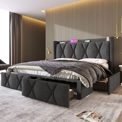 ACKERMAN Lit Rembourré Avec Fonction De Chargement Usb, Tête De Lit Et 4 Tiroirs, Lit Double 160x200cm, Cadre De Lit Avec Rangement, Sommier À Lattes En Bois, Gris (sans Matelas) - Publicité ACKERMAN Lit Rembourré Avec Fonction De Chargement Usb, Tête De Lit Et 4 Tiroirs, Lit Double 160x200cm, Cadre De Lit Avec Rangement, Sommier À Lattes En Bois, Gris (sans Matelas) - Publicité