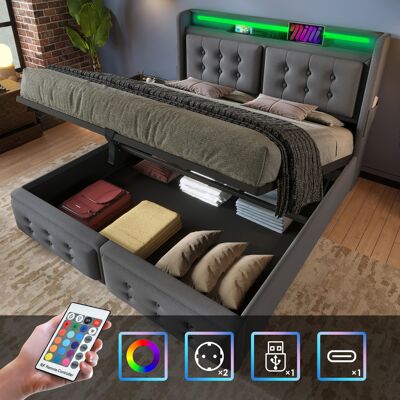 ACKERMAN Lit Rembourré 140x200, Lit Double Avec Tête De Lit Led Et Fonction De Chargement Usb C, Lit Hydraulique Avec Sommier À Lattes En Bois Et Cadre En Métal, Capacité De Charge 300 Kg, Gris, Coton (sans Ma - Publicité ACKERMAN Lit Rembourré 140x200, Lit Double Avec Tête De Lit Led Et Fonction De Chargement Usb C, Lit Hydraulique Avec Sommier À Lattes En Bois Et Cadre En Métal, Capacité De Charge 300 Kg, Gris, Coton (sans Ma - Publicité