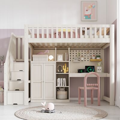 ARRIGONI Lit Mezzanine Enfant Blanc 90x200cm Avec Bureau, Armoire-échelle Et Placard, Étagères Ouvertes, Ports Usb/usb-c, Sommier À Lattes, Solution Tout-en-un Gain De Place, Sans Matelas - Publicité ARRIGONI Lit Mezzanine Enfant Blanc 90x200cm Avec Bureau, Armoire-échelle Et Placard, Étagères Ouvertes, Ports Usb/usb-c, Sommier À Lattes, Solution Tout-en-un Gain De Place, Sans Matelas - Publicité