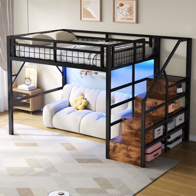 LEMONBEST Lit Mezzanine 140x200 Cm, Escalier Rangement, Espace Libre Aménageable, Bande Led, Cadre Métal, Sans Matelas, Noir - Publicité LEMONBEST Lit Mezzanine 140x200 Cm, Escalier Rangement, Espace Libre Aménageable, Bande Led, Cadre Métal, Sans Matelas, Noir - Publicité