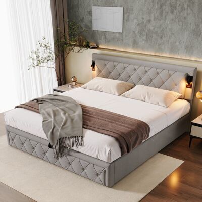 ACKERMAN Lit Capitonné 180 X 200, Avec Spot Lumineux Et Port Usb, Avec Sommier À Lattes Et Dossier À Losanges, Lit À Rangement, Lit Capitonné Hydraulique, Lit Double, Sommier À Lattes En Bois, Lin, Gris - Publicité ACKERMAN Lit Capitonné 180 X 200, Avec Spot Lumineux Et Port Usb, Avec Sommier À Lattes Et Dossier À Losanges, Lit À Rangement, Lit Capitonné Hydraulique, Lit Double, Sommier À Lattes En Bois, Lin, Gris - Publicité