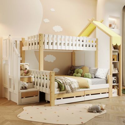 ACKERMAN Lit Superposé, 90x200cm + 140x200cm, Grille De Lit, Escalier De Rangement, Moulure De Maison, 2 Tiroirs, Barrière Irrégulière, Sans Matelas, Blanc + Nature - Publicité ACKERMAN Lit Superposé, 90x200cm + 140x200cm, Grille De Lit, Escalier De Rangement, Moulure De Maison, 2 Tiroirs, Barrière Irrégulière, Sans Matelas, Blanc + Nature - Publicité