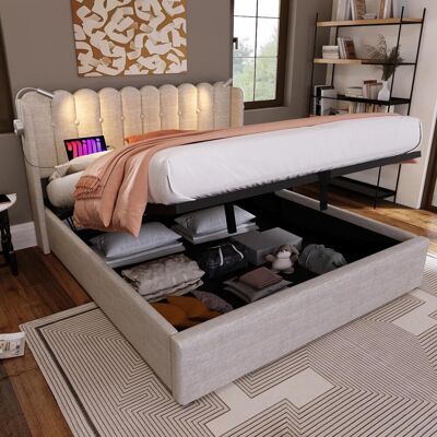 OEM Lit Double Capitonné Avec Liseuse, Fonction De Chargement, Tête De Lit, Espace De Rangement, Cadre De Lit, Revêtement En Lin, Lit Enfant 140x200 Avec Sommier À Lattes, Naturel (sans Matelas) - Publicité OEM Lit Double Capitonné Avec Liseuse, Fonction De Chargement, Tête De Lit, Espace De Rangement, Cadre De Lit, Revêtement En Lin, Lit Enfant 140x200 Avec Sommier À Lattes, Naturel (sans Matelas) - Publicité