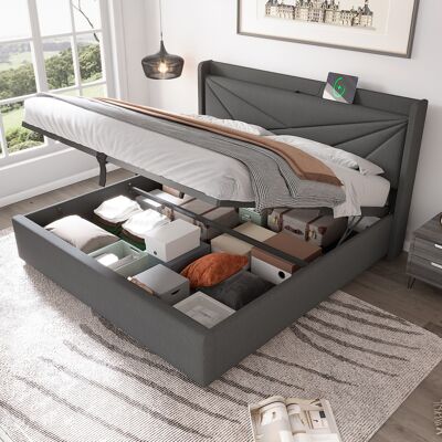 OEM Lit Double Capitonné Avec Rangement, Coffre De Lit Avec Fonction De Chargement Usb Type C, Tête De Lit, Lits Coffres, Cadre De Lit En Lin, Lit Enfant 140x200 Avec Sommier À Lattes (sans Matelas) - Publicité OEM Lit Double Capitonné Avec Rangement, Coffre De Lit Avec Fonction De Chargement Usb Type C, Tête De Lit, Lits Coffres, Cadre De Lit En Lin, Lit Enfant 140x200 Avec Sommier À Lattes (sans Matelas) - Publicité
