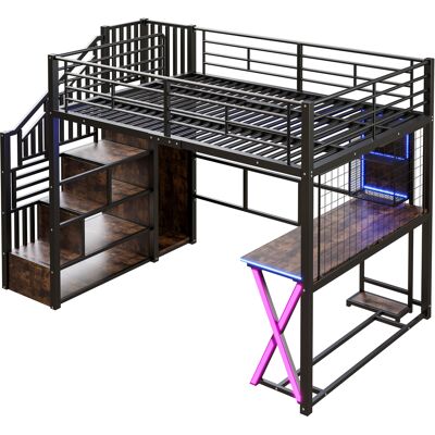 ARRIGONI Lit Mezzanine 140200cm Avec Lumières Led, Escalier De Rangement, Bureau, Armoire, Étagères, Sans Matelas, Noir - Publicité ARRIGONI Lit Mezzanine 140200cm Avec Lumières Led, Escalier De Rangement, Bureau, Armoire, Étagères, Sans Matelas, Noir - Publicité