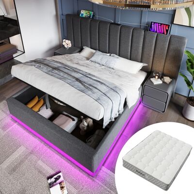 ACKERMAN Lit Rembourré 180x200, Lit Double Avec Rangement, Éclairage Led Contrôlé Par Application Et Fonction De Chargement Usb-c, Cadre De Lit À Lattes, Lin, Gris, Sans Table De Chevet (matelas Inclus) - Publicité ACKERMAN Lit Rembourré 180x200, Lit Double Avec Rangement, Éclairage Led Contrôlé Par Application Et Fonction De Chargement Usb-c, Cadre De Lit À Lattes, Lin, Gris, Sans Table De Chevet (matelas Inclus) - Publicité