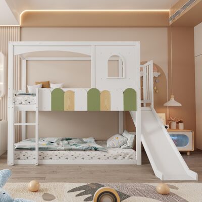 ACKERMAN Lit À Étages D'Enfant 90200 Cm, Cadre En Forme De Maison Avec Fenêtres, Balustrade Multicolore Irrégulière, Avec Glissière Et Escalier De Sécurité, Lit Mezzanine, Blanc - Publicité ACKERMAN Lit À Étages D'Enfant 90200 Cm, Cadre En Forme De Maison Avec Fenêtres, Balustrade Multicolore Irrégulière, Avec Glissière Et Escalier De Sécurité, Lit Mezzanine, Blanc - Publicité