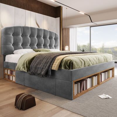 LEMONBEST Lit Double Rembourré 140x190 Cm Sans Matelas - Sommier À Lattes - Tête De Lit Incurvée Réglable - Tiroirs - Velours Gris - Publicité LEMONBEST Lit Double Rembourré 140x190 Cm Sans Matelas - Sommier À Lattes - Tête De Lit Incurvée Réglable - Tiroirs - Velours Gris - Publicité