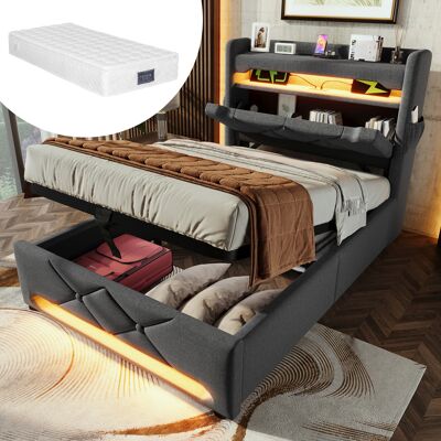 ACKERMAN Lit Simple Capitonné 90200, Tête De Lit Avec Rangement, Ports Usb Et Type C, Éclairage Led À 360° Autour De La Tête Et Du Pied Du Lit, Rangement Hydraulique, Gris, Lin (avec Matelas) - Publicité ACKERMAN Lit Simple Capitonné 90200, Tête De Lit Avec Rangement, Ports Usb Et Type C, Éclairage Led À 360° Autour De La Tête Et Du Pied Du Lit, Rangement Hydraulique, Gris, Lin (avec Matelas) - Publicité