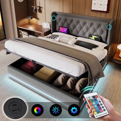 ACKERMAN Lit Double Capitonné 180200 Cm, Revêtement En Coton Gris, Sommier Coffre Hydraulique, Tête De Lit Rembourrée Avec Port De Chargement Usb Type-c, Éclairage Led Sur 3 Côtés (matelas Non Inclus) - Publicité ACKERMAN Lit Double Capitonné 180200 Cm, Revêtement En Coton Gris, Sommier Coffre Hydraulique, Tête De Lit Rembourrée Avec Port De Chargement Usb Type-c, Éclairage Led Sur 3 Côtés (matelas Non Inclus) - Publicité