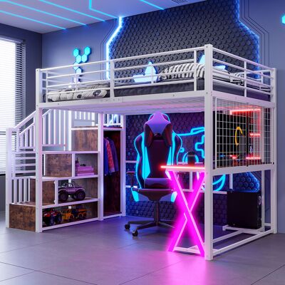ACKERMAN Lit Mezzanine 140200 Cm, Avec Led, Escalier Avec Rangement, Bureau, Penderie, Étagères, Sans Matelas, Blanc - Publicité ACKERMAN Lit Mezzanine 140200 Cm, Avec Led, Escalier Avec Rangement, Bureau, Penderie, Étagères, Sans Matelas, Blanc - Publicité