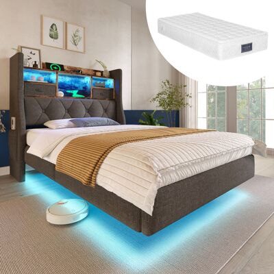 ACKERMAN Lit Suspendu Capitonné 90x200 Cm Avec Éclairage Led, Tête De Lit Et Station De Charge (1 Type-c, 3 Ports Usb), Lit Simple Moderne Avec Tête De Lit De Rangement Et Sommier À Lattes, Lin, Gris (avec Mat - Publicité ACKERMAN Lit Suspendu Capitonné 90x200 Cm Avec Éclairage Led, Tête De Lit Et Station De Charge (1 Type-c, 3 Ports Usb), Lit Simple Moderne Avec Tête De Lit De Rangement Et Sommier À Lattes, Lin, Gris (avec Mat - Publicité