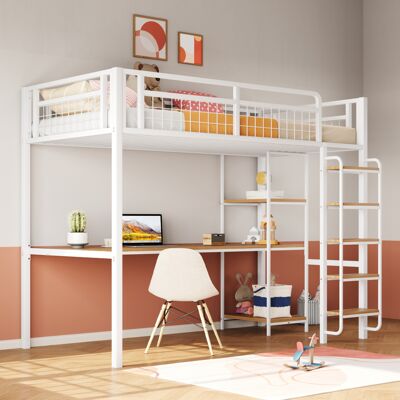 ACKERMAN Lit Mezzanine En Métal, 90200 Cm, Échelle De Sécurité Avec Marches, Lit Individuel, Lit D'Enfant Avec Table Et Étagères, Grille De Sécurité En Métal, Blanc - Publicité ACKERMAN Lit Mezzanine En Métal, 90200 Cm, Échelle De Sécurité Avec Marches, Lit Individuel, Lit D'Enfant Avec Table Et Étagères, Grille De Sécurité En Métal, Blanc - Publicité