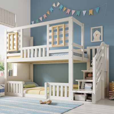 ACKERMAN Lit Superposé Blanc 90x200 Cm Style Cabane Avec Fenêtres En Bois Et Placard Intégré À L'Escalier, Lit Enfant 2 Couchages, Sommier À Lattes Inclus, En 747, Matelas Non Inclus - Publicité ACKERMAN Lit Superposé Blanc 90x200 Cm Style Cabane Avec Fenêtres En Bois Et Placard Intégré À L'Escalier, Lit Enfant 2 Couchages, Sommier À Lattes Inclus, En 747, Matelas Non Inclus - Publicité