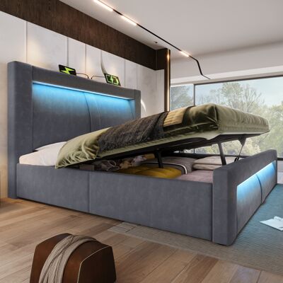 MODFU Lit Coffre Adulte 140x200 Cm Avec Rangement, Led, Usb Et Type-c, Tête De Lit Courbée, Métal Bois, Velours Gris - Publicité MODFU Lit Coffre Adulte 140x200 Cm Avec Rangement, Led, Usb Et Type-c, Tête De Lit Courbée, Métal Bois, Velours Gris - Publicité