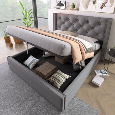 ACKERMAN Lit Double Hydraulique Capitonné 160x200cm, Sommier À Lattes En Métal, Cadre De Lit Moderne Avec Espace De Rangement, Coton, Gris - Publicité ACKERMAN Lit Double Hydraulique Capitonné 160x200cm, Sommier À Lattes En Métal, Cadre De Lit Moderne Avec Espace De Rangement, Coton, Gris - Publicité