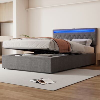 ACKERMAN Lit Plat 140200 Cm, Capitonné, Éclairage D'Ambiance, Lit Relevable, Prises Usb Et Type-c, Grand Rangement, Gris - Publicité ACKERMAN Lit Plat 140200 Cm, Capitonné, Éclairage D'Ambiance, Lit Relevable, Prises Usb Et Type-c, Grand Rangement, Gris - Publicité