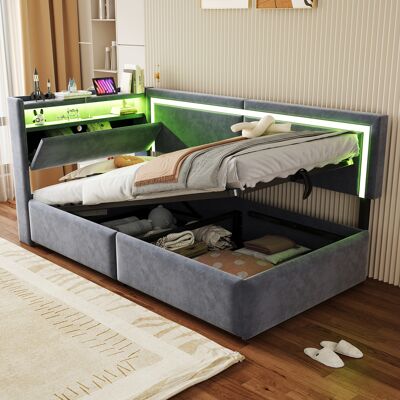 ACKERMAN Lit Capitonné Canapé-lit 90x200 Cm Avec Éclairage Led Et Prises De Charge Usb. Le Dossier S'Ouvre Pour Le Rangement. Système De Rangement Hydraulique Sous Le Lit, Tissu Velours, Gris Foncé - Publicité ACKERMAN Lit Capitonné Canapé-lit 90x200 Cm Avec Éclairage Led Et Prises De Charge Usb. Le Dossier S'Ouvre Pour Le Rangement. Système De Rangement Hydraulique Sous Le Lit, Tissu Velours, Gris Foncé - Publicité