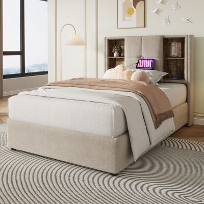 LEMONBEST Lit Coffre Simple 90x200 Cm Cadre De Lit Rembourré Avec Rangement, Charge Sans Fil Usb-c Et Sommier À Lattes En Bois – Tissu Lin - Publicité LEMONBEST Lit Coffre Simple 90x200 Cm Cadre De Lit Rembourré Avec Rangement, Charge Sans Fil Usb-c Et Sommier À Lattes En Bois – Tissu Lin - Publicité