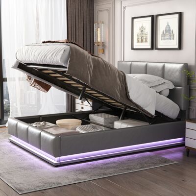 ACKERMAN Lit Capitonné 140x200 Cm Avec Éclairage Led Et Coffre De Rangement À Levage Hydraulique, Coffre De Lit Et Sommier À Lattes, Revêtement En Simili Cuir, Lit Double Pour Adultes Et Adolescents, Gris - Publicité ACKERMAN Lit Capitonné 140x200 Cm Avec Éclairage Led Et Coffre De Rangement À Levage Hydraulique, Coffre De Lit Et Sommier À Lattes, Revêtement En Simili Cuir, Lit Double Pour Adultes Et Adolescents, Gris - Publicité