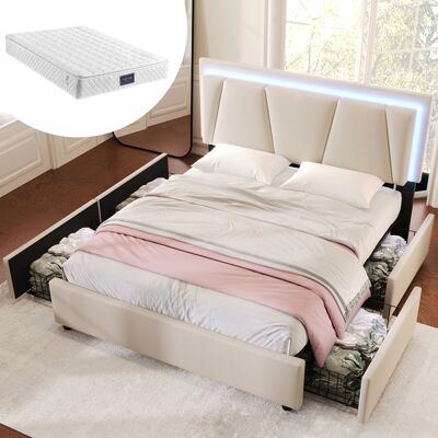 ACKERMAN Lit Capitonné Avec Éclairage Led Et 4 Tiroirs, Tête De Lit Réglable En Hauteur, Lit Double 160x200cm, Cadre De Lit Avec Rangement, Sommier À Lattes En Bois, Beige (avec Matelas) - Publicité ACKERMAN Lit Capitonné Avec Éclairage Led Et 4 Tiroirs, Tête De Lit Réglable En Hauteur, Lit Double 160x200cm, Cadre De Lit Avec Rangement, Sommier À Lattes En Bois, Beige (avec Matelas) - Publicité