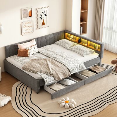 ACKERMAN Daybed 140x200 Cm, Canapé-lit, Compartiment De Rangement, Usb+type C, Avec Bandeau Led, Lit Avec 2 Tiroirs, Avec Sommier À Lattes (sans Matelas), Tissu Lin, Gris - Publicité ACKERMAN Daybed 140x200 Cm, Canapé-lit, Compartiment De Rangement, Usb+type C, Avec Bandeau Led, Lit Avec 2 Tiroirs, Avec Sommier À Lattes (sans Matelas), Tissu Lin, Gris - Publicité