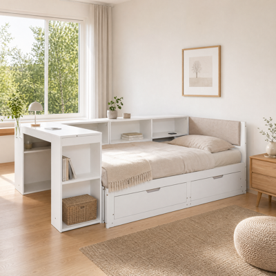 ACKERMAN 90x200cm Extendable Bed Frame With Desk, Reading Nook, Eu Power Socket & 2 Underbed Storage Drawers, All-in-one Space-saving Bed With Slatted Base,matte White - Publicité ACKERMAN 90x200cm Extendable Bed Frame With Desk, Reading Nook, Eu Power Socket & 2 Underbed Storage Drawers, All-in-one Space-saving Bed With Slatted Base,matte White - Publicité