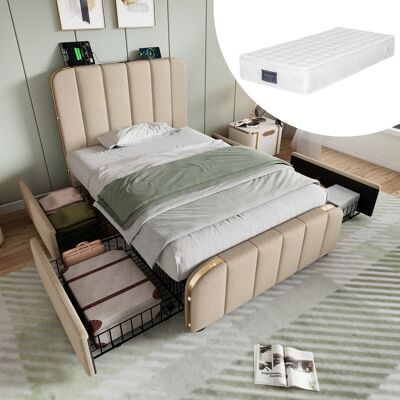 ACKERMAN Lit Simple Capitonné, Tête De Lit Rembourrée Avec Rayures Décoratives Dorées Et Fonction De Chargement Usb Type-c, 90200 Cm, Tissu En Lin Beige Avec 4 Tiroirs (avec Matelas) - Publicité ACKERMAN Lit Simple Capitonné, Tête De Lit Rembourrée Avec Rayures Décoratives Dorées Et Fonction De Chargement Usb Type-c, 90200 Cm, Tissu En Lin Beige Avec 4 Tiroirs (avec Matelas) - Publicité