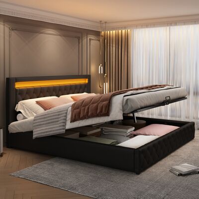 ACKERMAN Lit Capitonné 160 X 200 Cm, Lit Fonctionnel Avec Sommier À Lattes Et Rangement, Avec Éclairage Led, Avec Fonction De Rangement, Noir, Simili Cuir - Publicité ACKERMAN Lit Capitonné 160 X 200 Cm, Lit Fonctionnel Avec Sommier À Lattes Et Rangement, Avec Éclairage Led, Avec Fonction De Rangement, Noir, Simili Cuir - Publicité