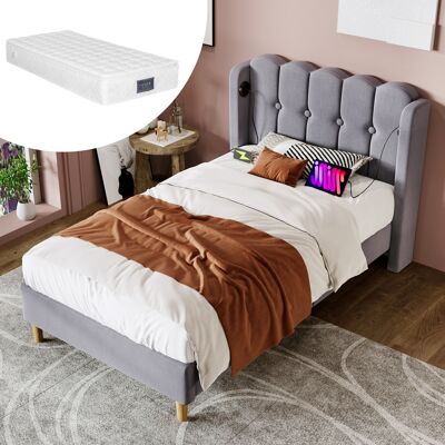 ACKERMAN Lit Simple Rembourré Avec Fonction De Chargement Usb Type C, Cadre De Lit À Lattes, Lit Rembourré Gris, Cadre De Lit 90 X 200 Cm, Lit Jeune Pour Chambre D'Amis - Revêtement En Lin (matelas Inclus) - Publicité ACKERMAN Lit Simple Rembourré Avec Fonction De Chargement Usb Type C, Cadre De Lit À Lattes, Lit Rembourré Gris, Cadre De Lit 90 X 200 Cm, Lit Jeune Pour Chambre D'Amis - Revêtement En Lin (matelas Inclus) - Publicité