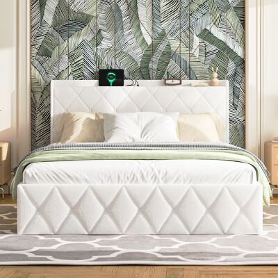 ACKERMAN Lit Capitonné 160 X 200 Cm, Tissu Pelucheux Blanc, Lit Double Avec Fonction De Charge Usb, Équipé De Bande Led, Avec 6 Tiroirs Pratiques, Capacité De Charge 800 Lbs, Sans Matelas - Publicité ACKERMAN Lit Capitonné 160 X 200 Cm, Tissu Pelucheux Blanc, Lit Double Avec Fonction De Charge Usb, Équipé De Bande Led, Avec 6 Tiroirs Pratiques, Capacité De Charge 800 Lbs, Sans Matelas - Publicité