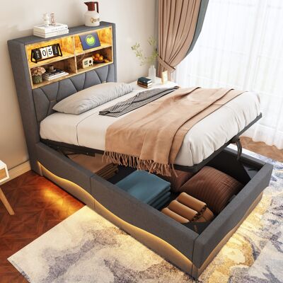 ACKERMAN Lit D'Enfant 90 X 200 Cm Avec Rangement Hydraulique Bandeau Led Contrôlable Par App Port De Charge Usb Sommier À Lattes En Métal Capitonage En Lin Gris. Publicité ACKERMAN Lit D'Enfant 90 X 200 Cm Avec Rangement Hydraulique Bandeau Led Contrôlable Par App Port De Charge Usb Sommier À Lattes En Métal Capitonage En Lin Gris. Publicité